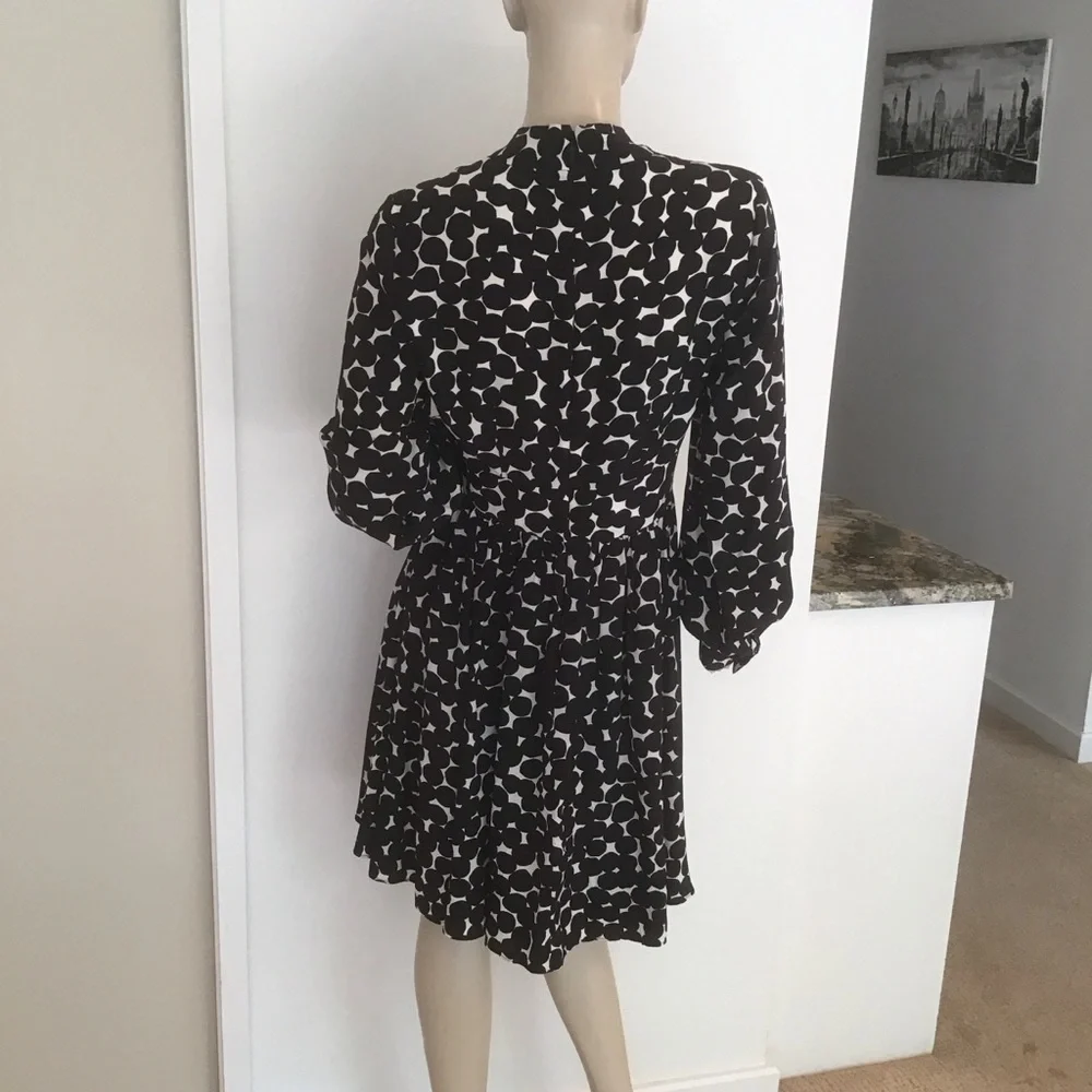 Kate Spade Black White Blot‎ Dot Polkadot Silk Fitted Long Sleeve Dress 2
